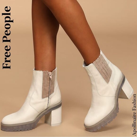 FREE PEOPLE JAMES CHELSEA LEATHER BOOTS IN ICE SIZE 41 NWT CHUNKY HEELS - Picture 1 of 7